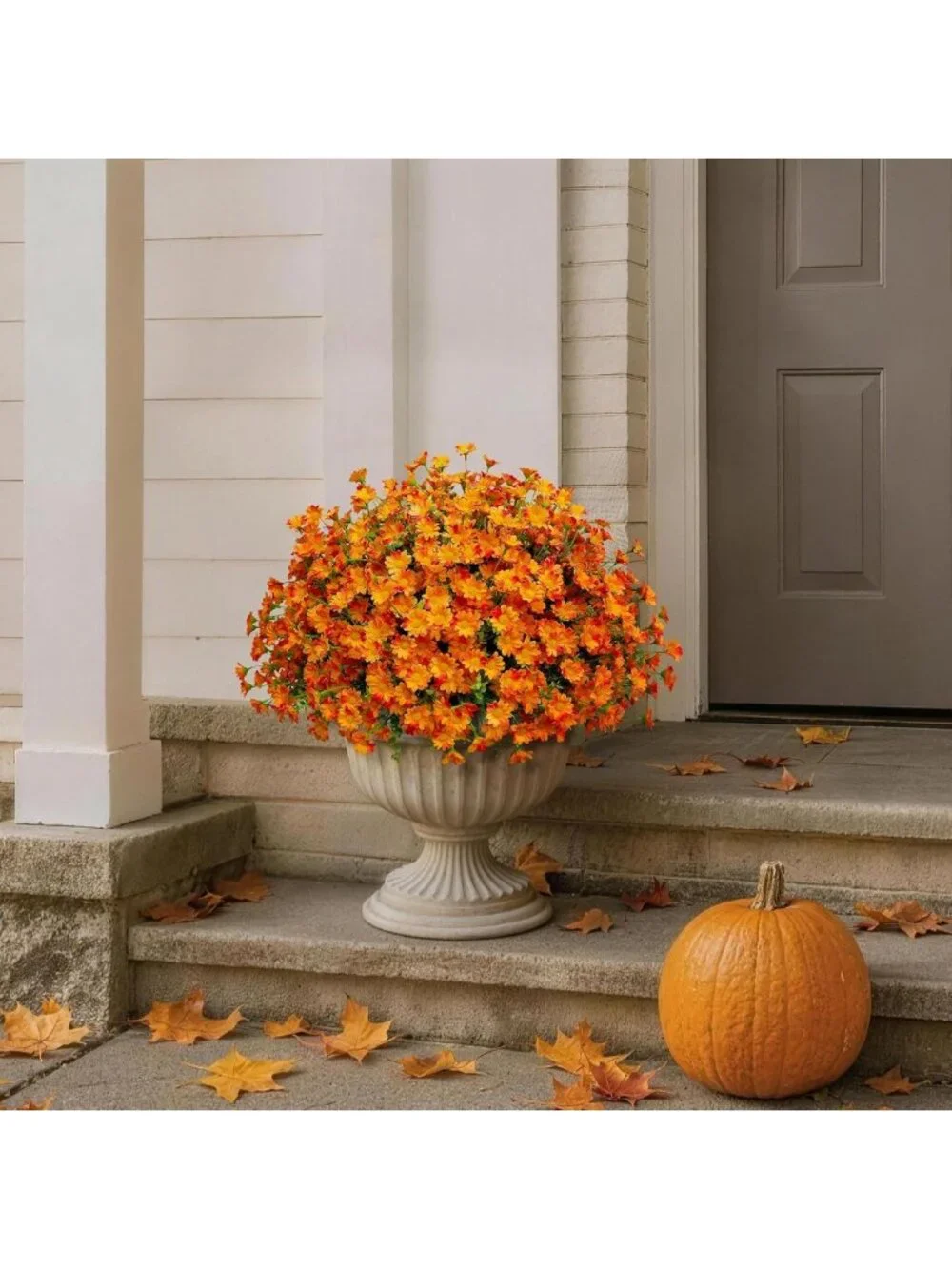 8 Bundles UV Resistant Faux Flowers - Orange Mums for Home Garden & Wedding